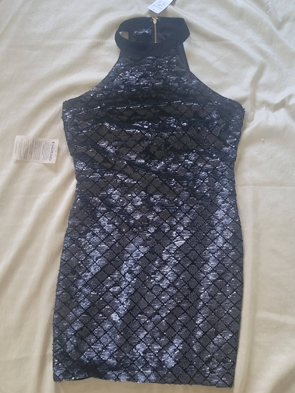 bebe Black Sequin Halter Mini Dress